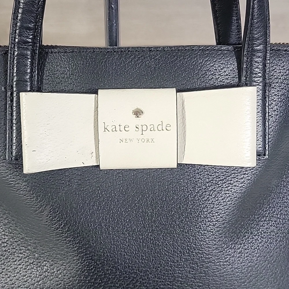 kate spade Black Leather Satchel with Ivory Bow Accent